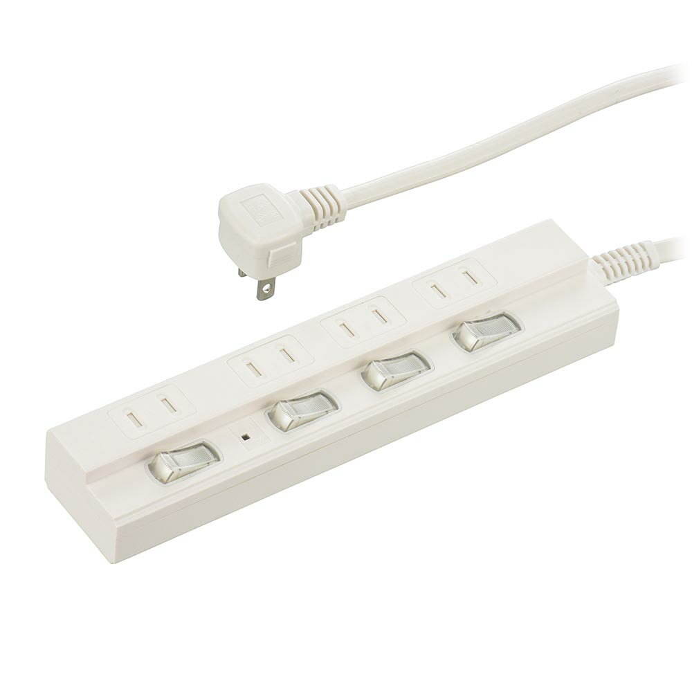 オーム電機 雷ガード付節電タップ（コンセント4個口/3m/LEDランプ付個別スイッチ/L型プラグ/本体色ホワイト） HSTPK43W22