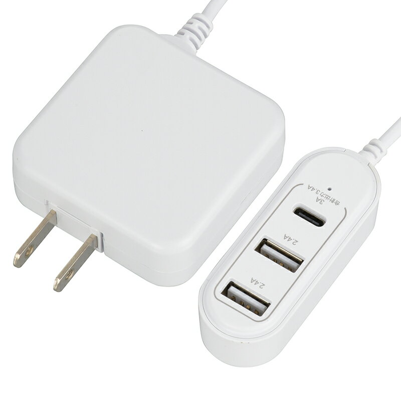 オーム電機 ハブ型ACアダプター DC5V USB Type-C 3.0A+Type-A 2.4A×2(合計3.4A) コード長約1.2m ホワイト MAVAUHB34CW