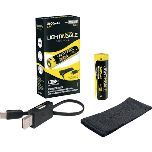 LIGHTINGALE スマホにも給電できるリチウムイオン充電池 18650タイプ（18650形） 3.6V 2600mAh 充電/給電ポートUSB Type-C 充電 給電パワーバンクケーブル付き LTG0002