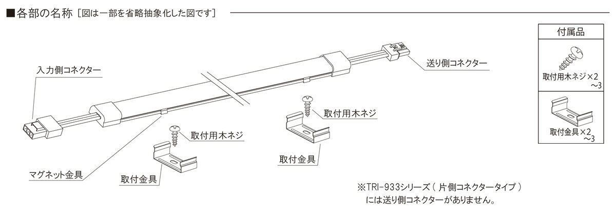 TES　LIGHTING　LED棚下灯　TRI-933シリーズ　300mmタイプ　片側コネクタ　マグネット取付　本体寸法280mm　温白色　3500K　TRI93303035