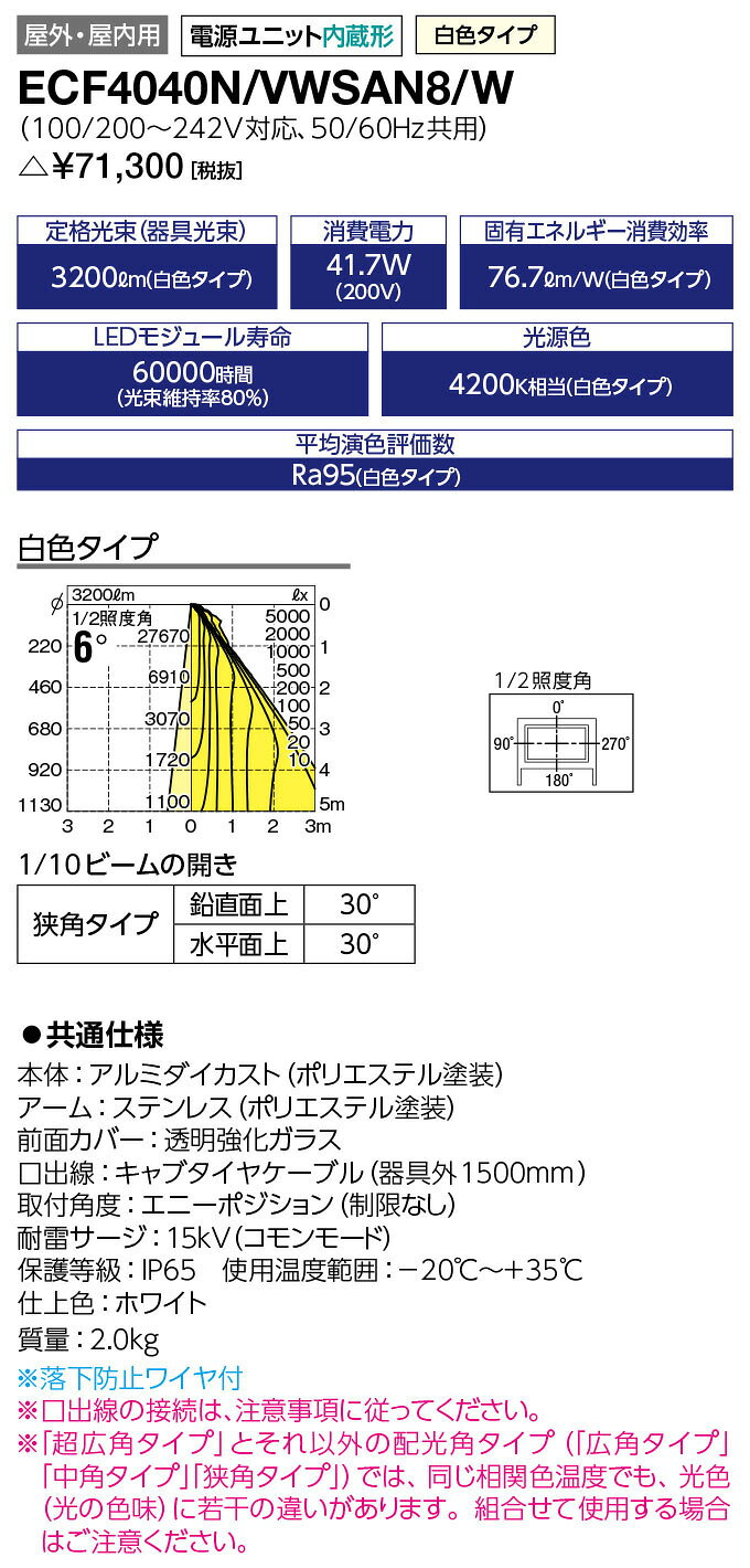 岩崎 LEDioc FLOOD NEO(レディオック フラッド ネオ) LED投光器 40クラス 美vid 狭角タイプ 白色(4000K)タイプ 本体色:ホワイト LED一体形 耐塩塗装 ECF4040NVWSAN8W ※受注生産品 [2]