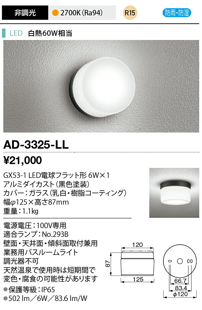 オールライトのyamada　エクステリア　LEDブラケットライト　業務用バスルームライト　防雨・防湿型　白熱60W相当　電球色　LEDランプ付き　公衆浴場向け浴室灯　直付　AD3325LL｜アングル2