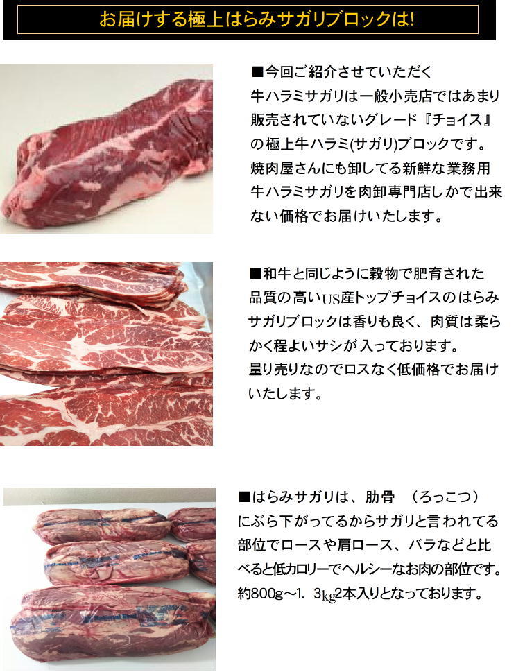 数量限定業務用量り売り極上はらみサガリブロック1ブロック約1.5~2.5kg前後【冷凍】