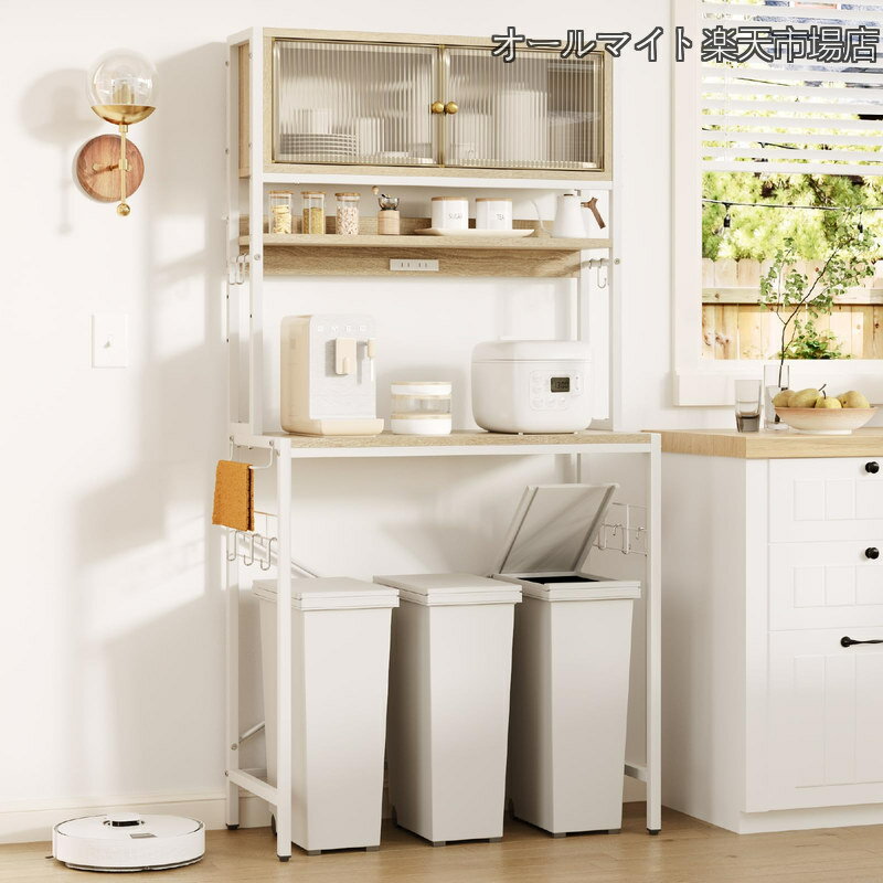 Rakuten - 【送料無料】ゴミ箱上ラック 幅84×奥行40×高さ170cm 2口コンセント付きキッチン収納 レンジ台 扉付き 頑丈設計 全体耐荷重84kg 大型電子レンジ対応 炊飯器 S字フック10個 おしゃれ 省スペース オーク