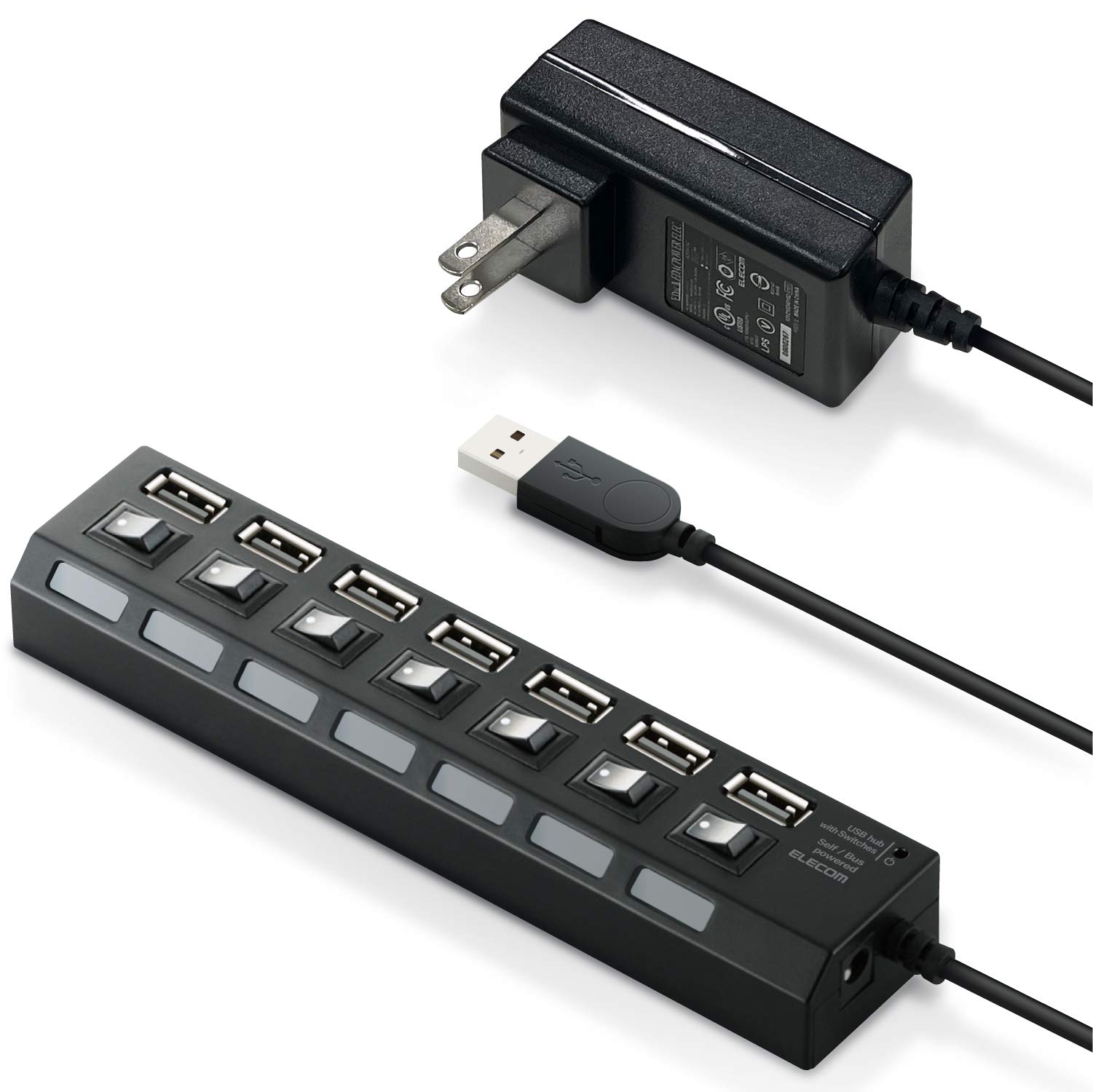 USB2.0 ハブ 7ポート ACアダプタ付 セルフ/バス両対応 個別スイッチ付 2.0m ブラック U2H-TZS720SBK