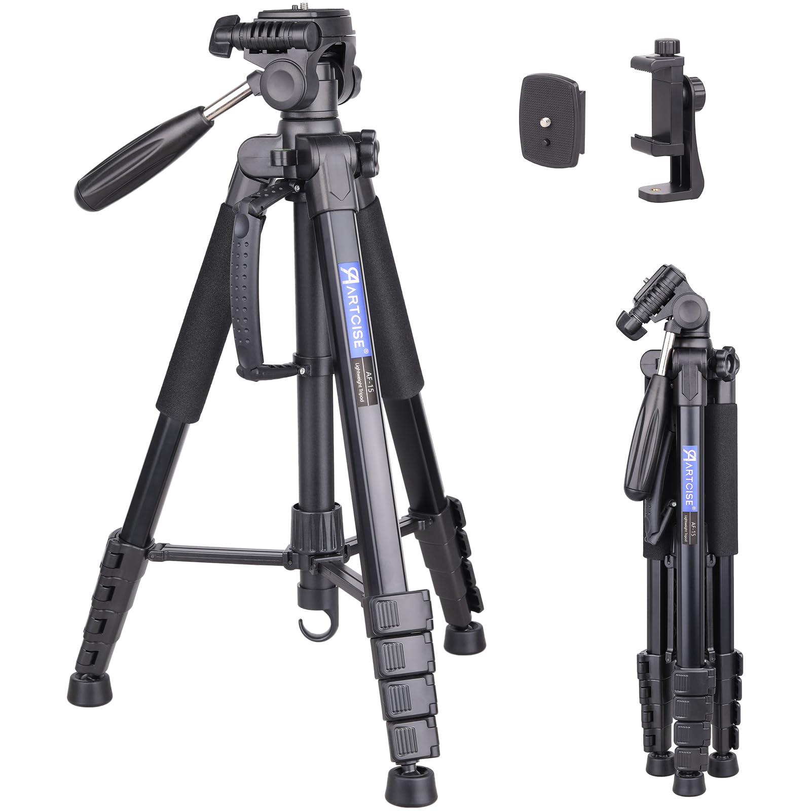 Rakuten - 【送料無料】軽量 カメラ 三脚 188cm 5段階伸縮 360°回転 アルミ製 スマホビデオ 三脚 ハンドル 3Way雲台 水準器搭載 DSLR 一眼レフビデオ デジカメ対応 耐荷重 5キロ