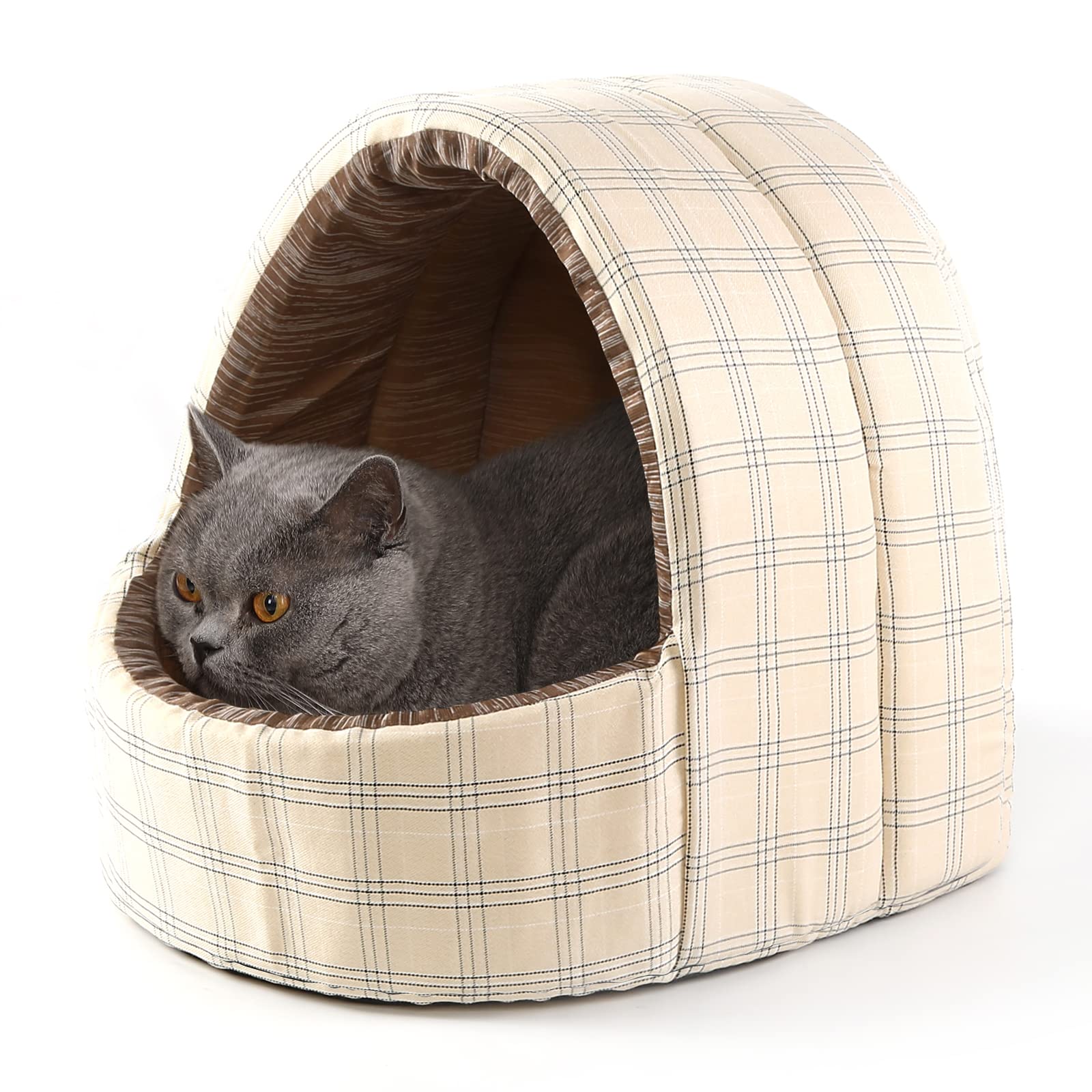 Rakuten - 【送料無料】猫 ベッド ドームハウス マット ペットベッド 接触冷感 夏用 小型犬 洗える 猫ハウス 犬ハウス 室内 ひんやり クール おしゃれ ドーム型 ペットハウス 暑さ対策 34x33x35cm チエック柄 ベージュ