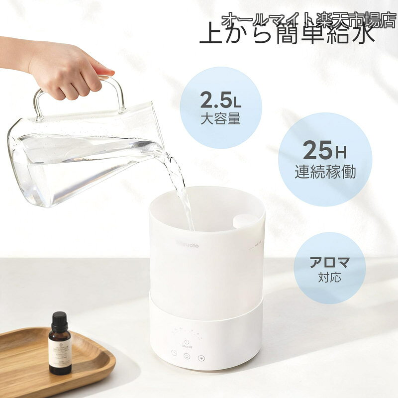 オールマイト 楽天市場店の【送料無料】加湿器 小型 卓上 大容量 2.5L【2025年新型モデル 1台3役 アロマ 8色LEDライト】タイマー お休みモード 25H連続稼働 静音 除菌 おしゃれ 6-15畳 超音波式 お手入れ簡単 上から給水 水漏れ防止 オフィス デスク 寝室 リビング コンパクト 次亜塩素酸水 空焚き防止｜アングル2
