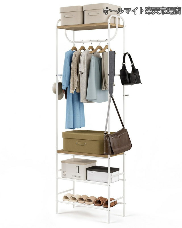 送料無料 スリム 洋服ラック coat rack コート掛け 玄関 コンパクト木製 棚4枚付き hanger rack …