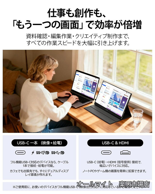 【送料無料】モバイルモニター 15.6インチ FHD（1920x1080） Fast IPSパネル スピーカー内蔵 ポータブルディスプレイ 薄型 軽量 持ち運び便利 モバイルディスプレイ USB Type-C/HDMI/Switch/PS4/XBOX/PC/Mac/スマホ対応 カバー付き サブモニター 在宅勤務 リモートワーク allmight1-10051509 オールマイト 楽天市場店 サンプル画像2