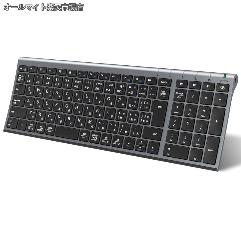 キーボード Bluetooth ワイヤレス 無線 日本語JIS配列 3台同時接続可能 テンキー付き フルサイズ 超薄型 静音設計 Type-C充電式 コンパクト パソコン用キーボード ラップトップ PC iPad iPhone スマホ用 Windows Mac iOS Android対応 BK22 グレーブラック