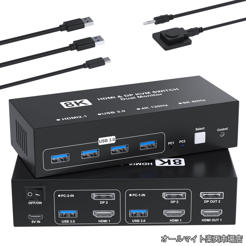 HDMI+DisplayPort KVMスイッチ 2入力2出力 PC 2台モニター2台 KVM 切替器 パソコン2台モニター2台切り替え 4つのUSB 3.0ポート キーボード/マウス/プリンター/他のデバイス対応 パソコン切替機 PC 切替機 USB 切替器 DisplayPort セレクター USB3.0ケーブル/手元