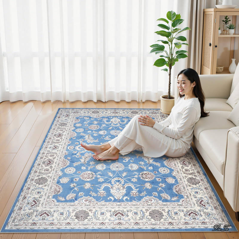 Rakuten - 【送料無料】カーペット 200х300cm 4畳 滑り止め ホットカーペット対応 ペルシャ風 ラグ 洗える オールシーズン適用 花柄 防音 耐磨耗性 軽量 抗菌防臭 リビング ダイニング アンティーク ラグマット ライトブルー