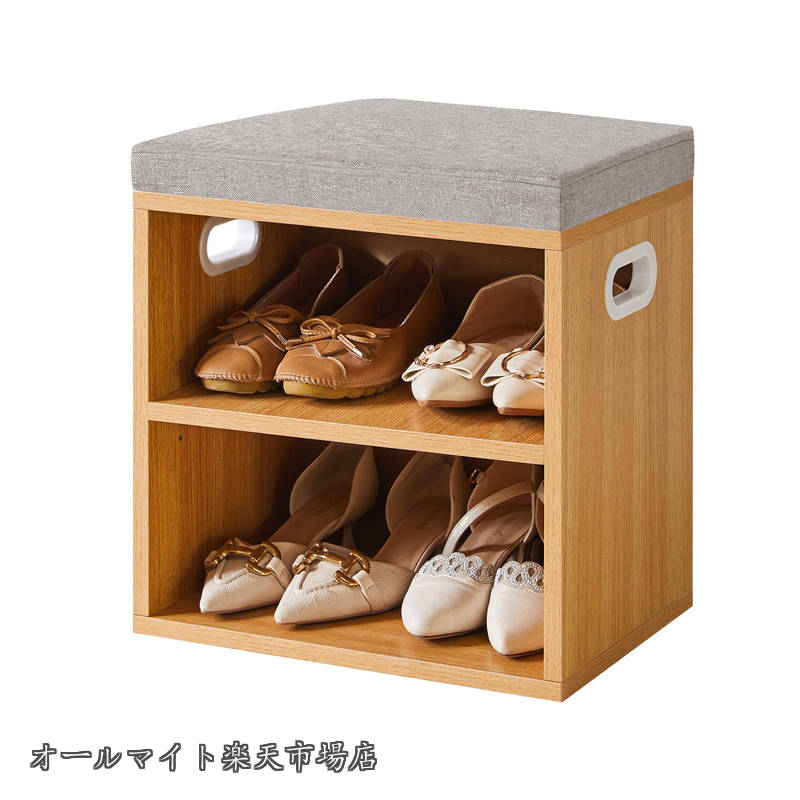 Rakuten - 【送料無料】玄関ベンチ 玄関椅子 収納ベンチ コンパクト 二重靴棚 調節可能な収納棚 腰掛け やわらかい座面 下駄箱 靴棚 靴箱 簡単組み立て 省スペース 木製 玄関収納 シューズラック 玄関スツール 39*28*42cm ナチュラル JPHBD028N