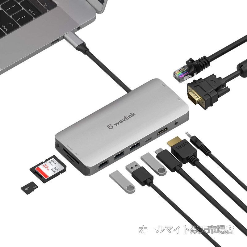 B Cハブ/USB-C ミニドッキングステーション/9-in-1（1xHDMI/1xVGA/3xUSB A/1x RJ45/1 x SD Card Slot Micro SD Card Slot ）/PD60W充電 4K＠30Hz/2K＠60Hz