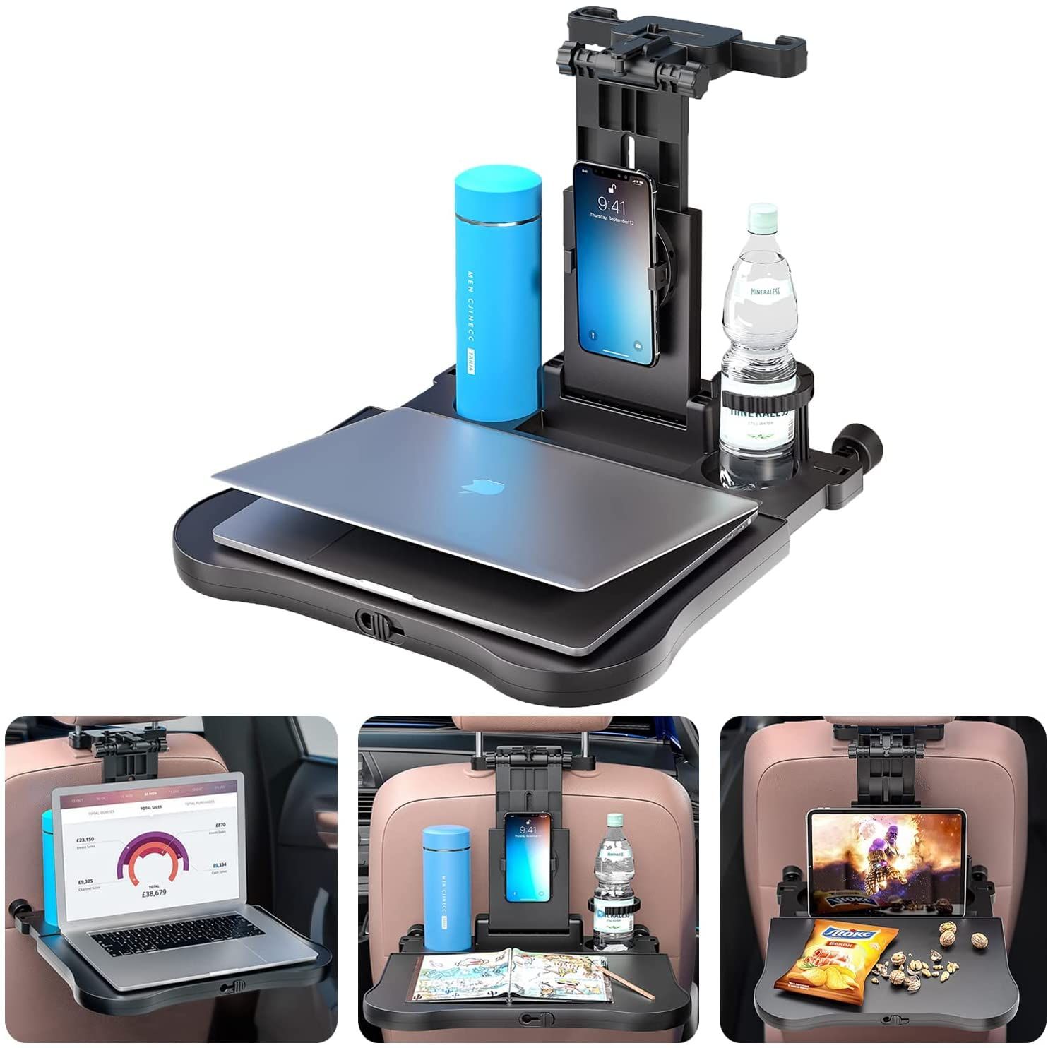 Rakuten - 車 テーブル 後部座席 ヘッドレスト テーブル 車用 デスク 車内食事用テーブル リアシート テーブル カー テーブル 車載テーブル 360度回転携帯電話ホルダー付き 滑り止め 拭きやすい 折り畳み式 高さ調節可能 収納便利 耐荷重15kg