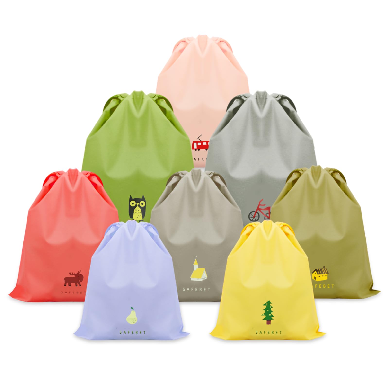 巾着袋 8枚セット 3サイズ S/M/L トラベルポーチ 防塵 防水 ビニール 収納バッグ 旅行用 巾着ポーチ 折りたたみ 再利用可能 温泉バッグ 小物入れ 衣類 靴用 下着収納 出張 旅行 便利グッズ 男女兼用 allone123-10014404 alloneall サンプル画像2