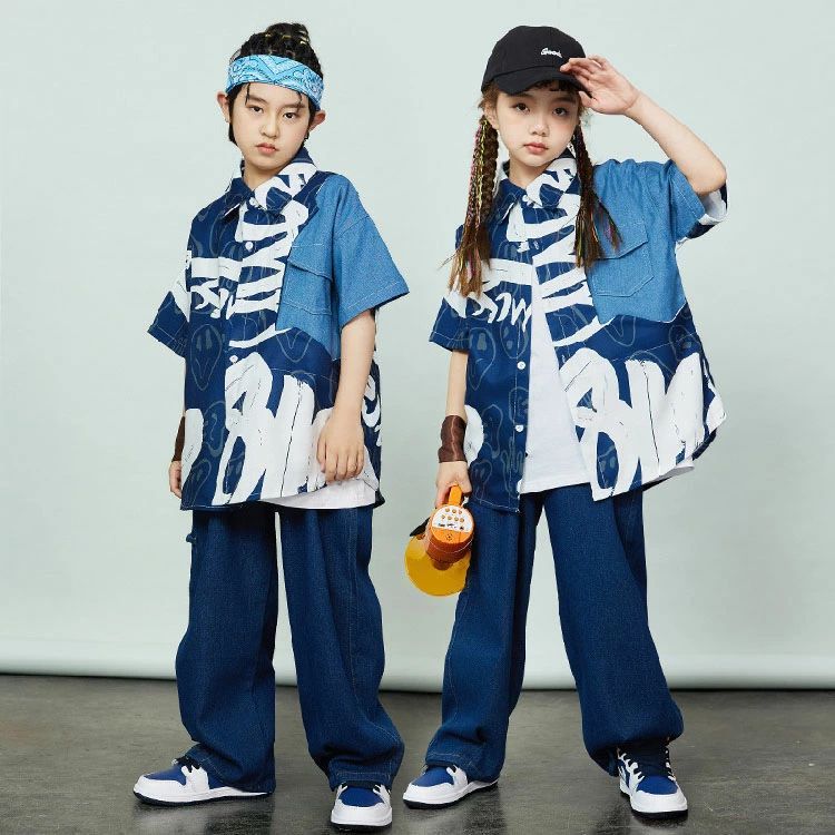 ダンス衣装 キッズ 花柄シャツ 女の子 セットアップ デニムパンツ 男の子 青 かっこいい 韓国 k-pop衣装 ヒップホップ ジャズダンス デニムシャツ ワイドパンツ ゆったり 半袖 男女兼用 子供 HIPHOP イベント 応援団 演出服 ステージ衣装 発表会 大きめ 110-180cm
