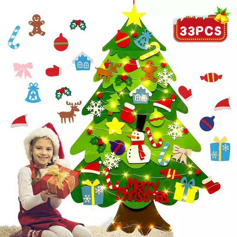 フェル クリスマスツリー フェルト DIY 壁掛けクリスマスツリー LEDライト付き クリスマスオーナメント クリスマス飾り おもちゃインテリアクリスマス飾 33個フェルトペンダント入りセット＆クリスマスツリー
