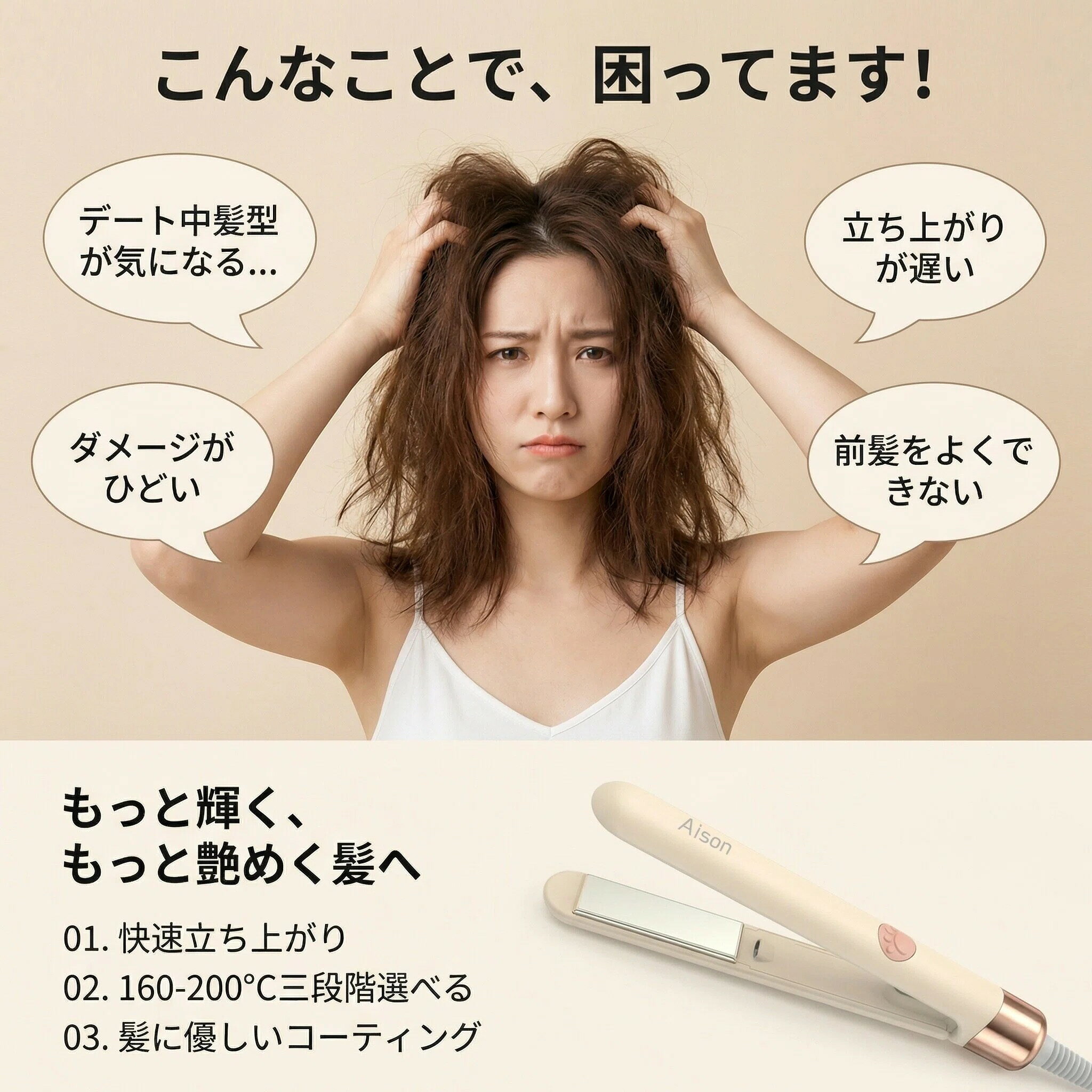 alloneallのヘアアイロン ストレート & カール両用 高濃度マイナスイオン 急速加熱 温度調整可能 360 度回転コード コンパクト軽量 携帯・旅行用 プレゼント推奨｜アングル2