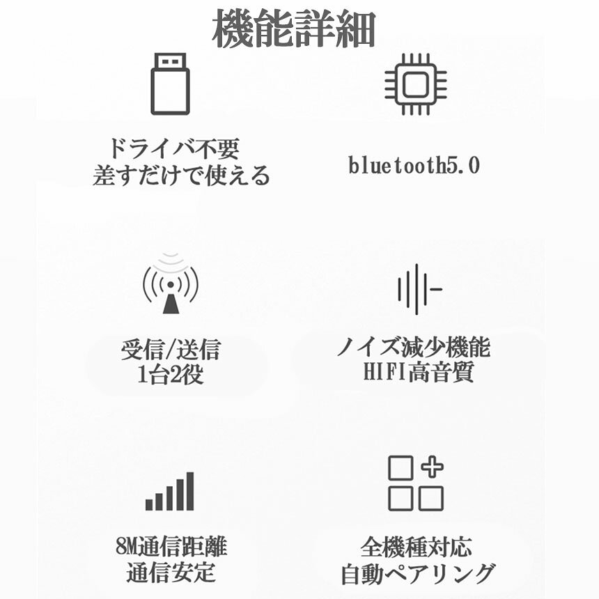alloneallのBluetooth5.0 トランスミッター レシーバー 1台2役 送信機 受信機 無線 ワイヤレス 3.5mm オーディオスマホ テレビ TXモード輸出 RXモード輸入 音楽 送信機 受信機 ブルートゥースios iPhone Android 古いコンポ 車載AUX スピーカー等に適用 TR6 送料無料｜アングル3