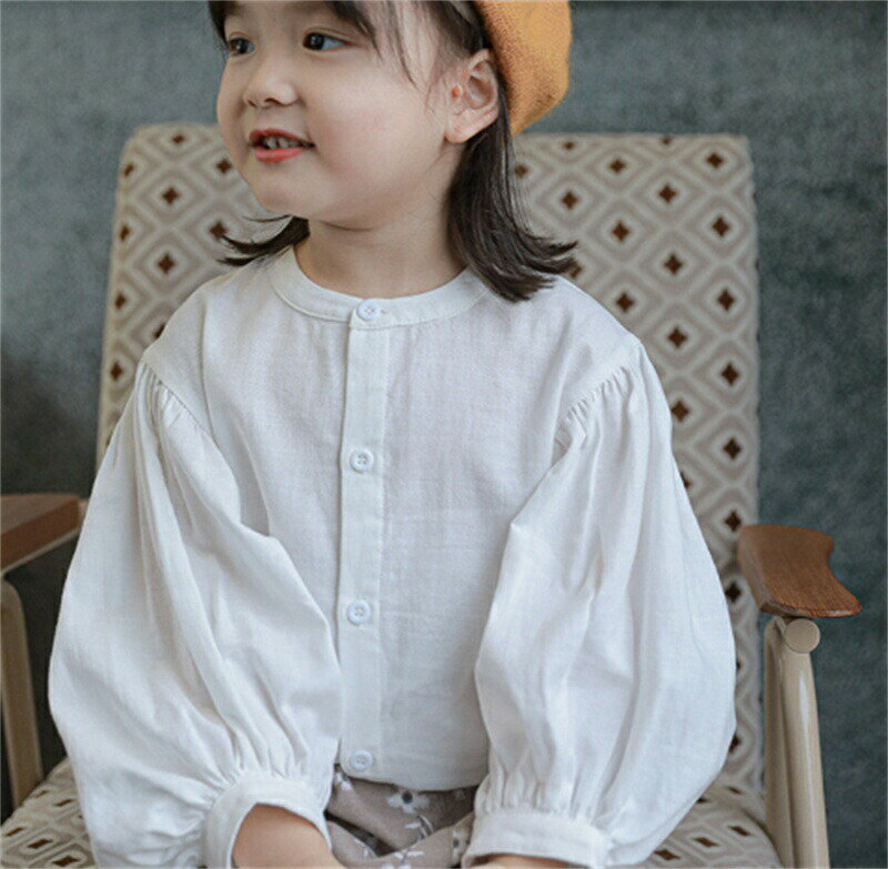 乐天商城 - 前開き シャツ 子供 長袖 カットソー キッズ キッズ 子供 女の子 ジュニア ブラウス 子供服 ボリューム袖 バルーン袖 フロントボタン 春秋 トップス 長袖 長そで 子供服 ノーカラー こども 子ども 長袖シャツ