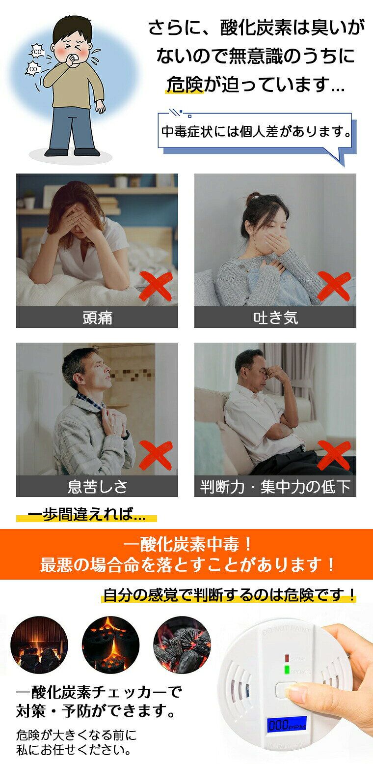 alloneallの濃度 アラーム 家庭用 CO濃度 室内 警報器 キャンプ用 薪ストーブ 一酸化炭素測定器 冬キャンプ 一酸化炭素 一酸化炭素 キャンプ｜アングル3