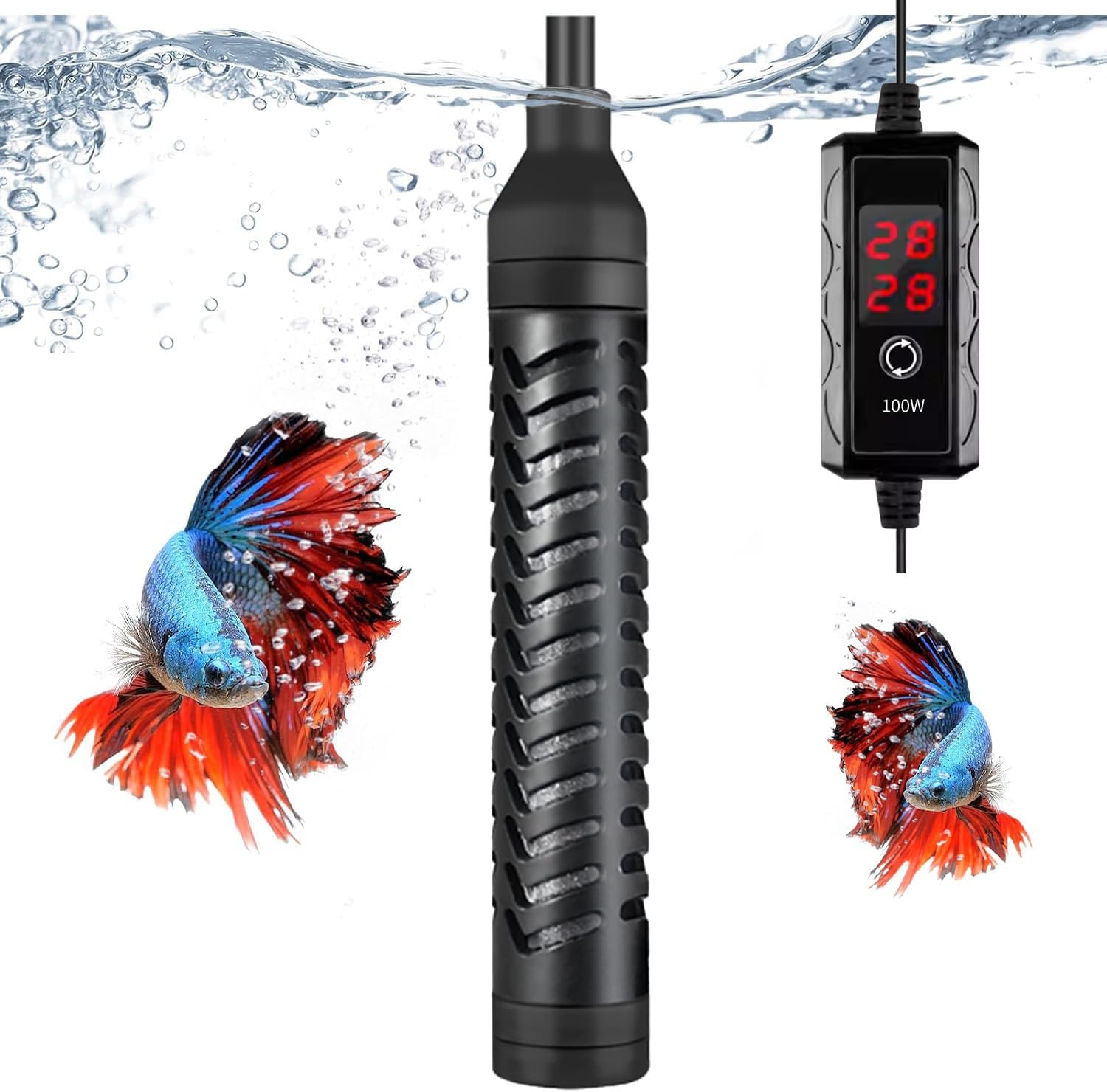 金魚/メダカ/カメ/熱帯魚 ヒーター 難燃性プラスチック デジタル温度表示 リアルタイム水温表示 水温調節 (100W) 16-34°石英ガ