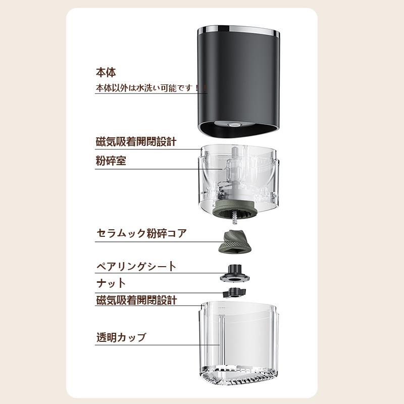 alloneallのコードレス 臼式 水洗い可能 自動停止機能 豆ひき機 充電式 粉砕機 珈琲ミル セラミック刃 小型｜アングル3