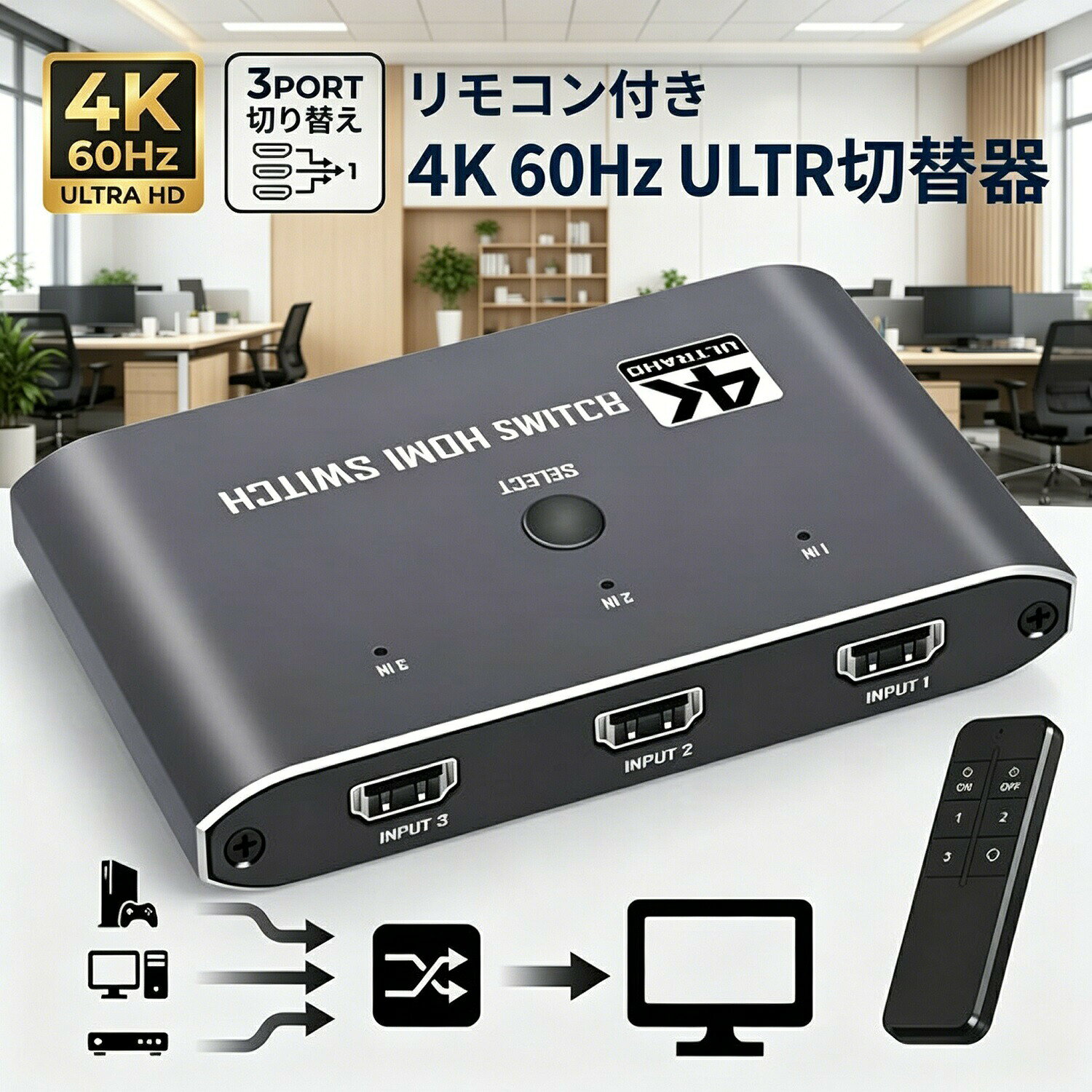 3D対応 3入力1出力 セレクター 手動切替 Type-C給電 外部電源 リモコン付き HDR 高画質4K/60Hz対応