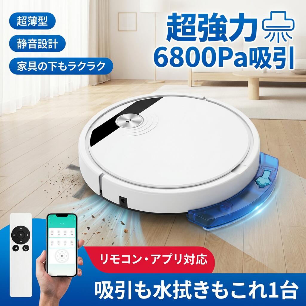 【仕様】入力電流・電圧：5V 2A消費電力:10Wダスト容量：150ml吸引力：6000Pa静音：55db平時充電時間：3-4時間満充電後稼働時間：約90分最大掃除範囲：90〜120平方メートル電池容量：2000mAhクリーナー寸法：300*300*45mm製品重量:1.5kg【強力吸引&amp;ブラシレス吸引口】6000pa強力な吸引力で、髪の毛やペットの毛をしっかりと吸い込めます。ロボット掃除機はブラシレス吸引口設計です。ブラシレス吸引口なので絡みともつれを防ぎ、清掃の手間が省ける。6800Paの強力なブラシレスモーターを搭載し、他社の従来品より、1.8倍以上の吸引力を持ちます。畳、フローリング、カーペットの奥から、ゴミ、毛、微細なホコリまでしっかり吸い込み、特にペットの毛に効果的です。更に、静音、標準、強力という3段階の吸引力があり、色々なシーンに適応しています。【スマホ対応&amp;操作が簡単】掃除機本体にWi-Fi機能を搭載しているのでスマホから本体の操作が可能です。掃除の開始・一時停止・終了をスケジュール設定可能です。簡単に家庭用掃除機リモートコントロールできます。掃除の手間はかけたくない、一人暮らしやペットがいる家庭向きの便利なロボット掃除機。（ご注意：リモコン操作が標準仕様。Wi-Fiによるスマホ遠隔操作モデルは別途選択が必要）【吸引と水拭き両用】一台二役、通常吸引と水拭き掃除は同時に行うことができます。掃除の手間がグンと減ります。さらに、床の種類によって、吸引力も3段階で調整可能で、モップ濡れ具合の出水量も3段階設定できます。【自動充電＆長時間稼働】2000mAhの大容量バッテリーを内蔵し、5V2Aの急速充電モジュールを搭載。最大10Wの高速充電に対応し、充電時間を短縮。フル充電で最大約90分間の連続稼働が可能で、90〜120m2の広さもラクラク掃除できます。【手の届きにくい隙間でも】小型ロボット掃除機の超薄・コンパクトサイズで、家具の下や隙間など普段手の届きにくい場所まで楽に潜り込み、お部屋の隅々までキレイに掃除してくれます。コンパクトなので、スペースを取らず、収納に便利です。高さわずか4.5cmの超薄型ボディで、ソファ下やベッド下の掃除しにくい死角にもスイスイ侵入。見えない場所までしっかりキレイに！【多機能】シンプルなデザインでありながら多機能を実現。自動掃除、衝突防止、落下防止、静音設計などの基本機能は充実。また、予約機能でお好みの時間に自動で掃除を行えます。検知センサーが搭載されるので、カーペットの有無、段差の高さ、家具.壁までの距離などを検知できます。衝突を回避し、部屋の隅々のスムーズな移動を可能にしています。また、落下防止センサーも搭載し、玄関などの段差から落下する心配もありません。【関連キーワード】ロボット掃除機 6800Pa 強力吸引 水拭き 高性能 自動ゴミ収集 収納 比較 シンプル操作 拭き掃除 両用 自動洗浄 花粉対策 水拭き両用 超薄型 静音 敬老の日/父の日/母の日 母へのプレゼント 乾拭き 落下防止/衝突防止 タイマー機能 アプリ対 遠隔操作 みずぶき 拭き掃除 ふき掃除検索関連ワードロボット掃除機, お掃除ロボット, 自動掃除機, 超強力吸引, 静音掃除機, USB充電, 超薄型, コンパクト掃除機, 家具下掃除, 長時間稼働, ペットの毛対策, 一人暮らし, 拭き掃除, お歳暮ギフト, プレゼント, 人気商品, おすすめ, 新生活, 母の日ギフト, 父の日ギフト, 誕生日プレゼント, 高吸引力, スマホ操作, リモコン付き, バッテリー稼働, 6800Pa吸引, クリーナー, 150mlダスト容量, 55db静音, 90分稼働, 300mmサイズ, 1.5kg軽量, ブラシレス吸引口, 微細ゴミ除去, カーペット掃除, フローリング掃除, 畳掃除, スケジュール設定, リモートコントロール, 家庭用掃除機, 掃除機の手間削減, 低騒音設計, 大人気, 話題の掃除機, 定番商品注意事項・ラッピング対応は行っておりません。・予告なく仕様変更になる場合がございます。・写真はイメージです。実際の商品と若干異なる場合がございます。・基本は全国一律送料無料と対応させていただきますが、沖縄・北海道・離島地域へお届けの場合は別途送料をご請求させていただきます。・商品のサイズは採寸方法によって、若干な誤差が生じる場合はあります。ご了承ください。品質保証・出品商品は全て新品未使用です。・安心の初期不良対応：万が一商品に不具合があった場合は、商品到着後7日以内にご連絡ください。・不具合の状況確認のため、写真や動画のご提供をお願いする場合がございます。確認後、速やかに「新品交換」または「ご返金」にて対応させていただきます。・お客様に安心してご購入いただけるよう、誠心誠意サポートいたします。「悪い評価」を付ける前に、まずはお気軽にご相談ください。ロボット掃除機, ロボット掃除機 6800Pa, 超強力吸引, 強力吸引 6800pa, 6000Pa 吸引力, ブラシレス吸引口, ブラシレスモーター, 微細なホコリ 対応, ペットの毛 吸引, 髪の毛 吸い込み, カーペット 対応, フローリング 掃除, 畳 掃除, 静音 55db, 3段階 吸引力, 標準モード 強力モード, 軽量 1.5kg, コンパクト, 超薄型 45mm, 家具下 対応, 隙間掃除, 自動清掃, 全自動, リモコン付き, スマホ操作, アプリ対 遠隔操作, スケジュール設定, タイマー機能, 自動ゴミ収集, 紙パック不要, ダスト容量 150ml, 長時間稼働 約90分, USB充電, 5V 2A, 平時充電時間 3-4時間, 落下防止 衝突防止, 自動洗浄, 水拭き みずぶき, 拭き掃除 両用, 水拭き両用, 乾拭き, ふき掃除, 花粉対策, 乾燥対策 掃除, オフィス 掃除, リビング 掃除, 寝室 掃除, 一人暮らし, 新生活, 省スペース 掃除, おしゃれ 家電, シンプル操作, 比較 検討, 人気 おすすめ, 話題の お掃除ロボット, プレゼント ギフト, 敬老の日 父の日 母の日, 母へのプレゼント, 父の日 プレゼント, 誕生日プレゼント, お歳暮, お買い物マラソン, 楽天スーパーSALE, 送料無料, ポイント消化, 軽量 ロボットクリーナー, ケア リラックス 掃除習慣注意事項：モニターの発色により、実物と異なる場合がございます。