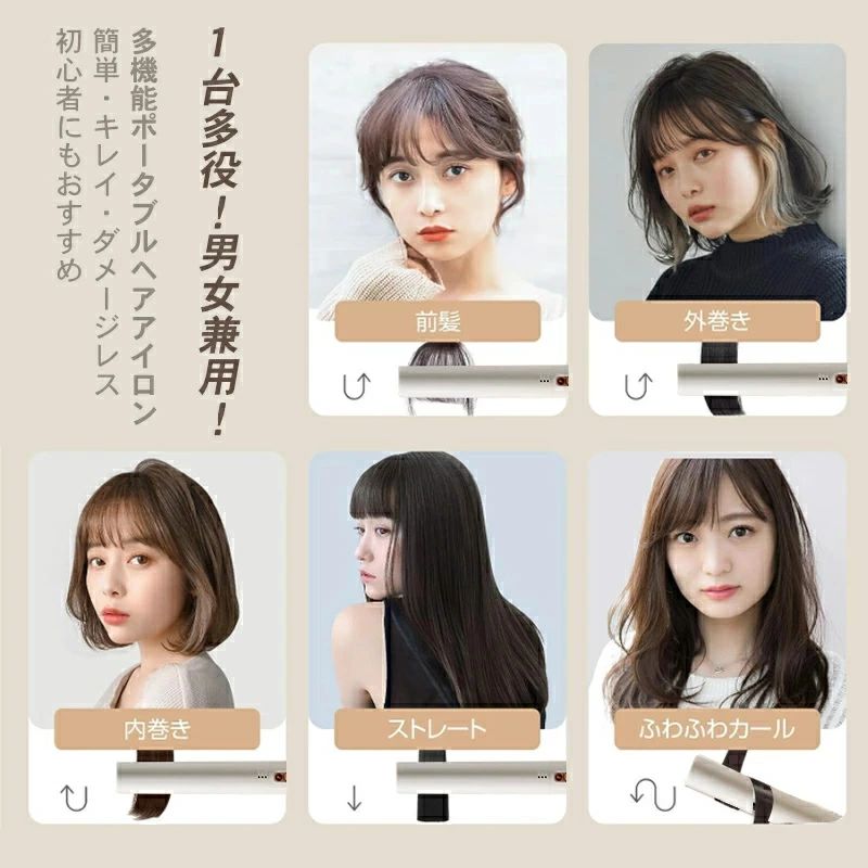 ●コードレス＆すぐ使える：ヘアアイロンはコードレスのデザインで、コードが短すぎたり、コードが絡まったりする心配はありません。従来の電源コードタイプを打破し、ケーブルの束縛や電池交換の煩わしさを完全に解放しました。また、高品質のクッションプレートを採用し、ヘアーのダメージを最小限に抑えつつも、髪の毛一本ー本まで均一に力を加えることにより、プレートの熱による髪へのダメージを防ぎます。美しく輝く髪を実現する、より繊細な頭皮をダメージから守る。v●2WAY カール&amp;ストレート：カールヘアとストレートヘアのどちらも楽しみたいという方にはこちらのヘアアイロンがおすすめです。このヘアアイロンがあれば、ヘアスタイルを自由に組み合わせて、カールでもストレートでも簡単に作ることができます。また、髪の毛の摩耗を軽減する為、セラミック加工のプレートを使用しています。髪の水分を適度に保つ、枝毛や切れ毛になりにくく、短時間でツヤのあるさらさらヘアーを実感できます。●3段階の温度調節可能：ヘアアイロンは髪の毛に均一に熱が伝わるので、ストレートもカールも楽々仕上がります。140℃/160℃/180℃の3段階の温度調節が可能です。柔らかい髪質なら低めに、硬い髪質なら高めにと切り替えられるので、自分の髪質に合わせて最適な温度でスタイリングセットができます。レディースだけでなく、メンズ?ショートヘア?前髪のヘアスタイリングにも最適です。●大容量電池＆自動OFF機能：充電式のコードレスタイプなので、コンセント不要、どこでも使いやすい！ヘアアイロンは大容量の内蔵型電池を搭載し、1回の充電で30-40分の連続使用が可能です。安全性満点！ヘアアイロン先端部分に耐熱素材を使用、高温でも地肌を守れます。忙しい朝、梅雨の日、髪が乱れた時にも使えます。コンパクトで持ち運びに便利、外出先でもすぐにツヤ美人髪へを作ることができます。※使用前に充電するたびに、昇温スピードが速くなります。●商品仕様：サイズ：19.5x2.5x2.5cmプレートサイズ：6x2.5cm重さ：約185gバッテリー仕様：2600mAh充電時間：3.5時間(1A)ストレート/カール機能：1回の充電で約30-40分連続使用可能4段階温度調整：140℃,160℃,180℃パッキング内容：ヘアアイロン本体,USB充電コード,日本語取扱説明書※万が一紙の日本語説明書を同梱しなかったの場合、電子版説明書もご案内出来ますので、ご安心ください。※万全のアフターサポート：万が一製品に初期不良があった場合、迅速に交換もしくは返品/返金の対応を承らせていただきます。また、ご不明な点やお気付きの点がございましたら、お気軽にご連絡、ご相談ください。【注意事項】製品更新により、予告なしで同じ商品がデザイン、色若干変わる場合がございます、予めご了承下さい。撮影の為、画質等の関係上、色などが実際の商品と若干違ってしまうこともあるかもしれませんがご理解のほどご購入ください。予めご了 承ください。更新のタイミングによっては実在庫に相違が出る場合がございます。万が一在庫切れや入荷待ちとなる場合は別途メールにてご連絡いたします。