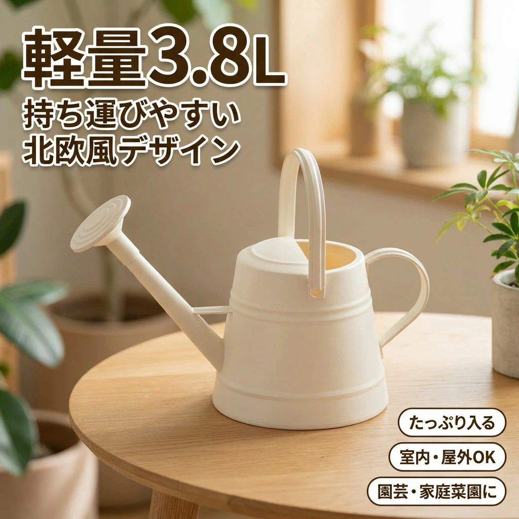 ジョーロ ガーデンジョウロ じょうろ おしゃれ 北欧 大容量 軽量 水やり 3.8L 園芸用品 新生活 屋内 持ち運びやすい 花 ガーデニング 如雨露 水差し 便利 植物 ケア インテリア デザイン 家庭菜園 室内 外用 使いやすい 繊細 お手入れ 簡単 おすすめ プレゼント フラワーグ注意事項・ラッピング対応は行っておりません。・予告なく仕様変更になる場合がございます。・写真はイメージです。実際の商品と若干異なる場合がございます。・基本は全国一律送料無料と対応させていただきますが、沖縄・北海道・離島地域へお届けの場合は別途送料をご請求させていただきます。・商品のサイズは採寸方法によって、若干な誤差が生じる場合はあります。ご了承ください。品質保証・出品商品は全て新品未使用です。・安心の初期不良対応：万が一商品に不具合があった場合は、商品到着後7日以内にご連絡ください。・不具合の状況確認のため、写真や動画のご提供をお願いする場合がございます。確認後、速やかに「新品交換」または「ご返金」にて対応させていただきます。・お客様に安心してご購入いただけるよう、誠心誠意サポートいたします。「悪い評価」を付ける前に、まずはお気軽にご相談ください。ジョーロ, ガーデンジョウロ, じょうろ, 水さし, 水差し, 如雨露, 水やり, 園芸用, ガーデニング, 庭仕事, ガーデンジョウロ 大容量, 3.8L, 軽量, 軽い, 持ち運びやすい, 室内用, 屋内, 屋外, 外用, 家庭菜園, 花の水やり, 植物ケア, 植物のお手入れ, 簡単, 使いやすい, 便利, 繊細, インテリアデザイン, おしゃれ, 北欧, 高見え, トレンド, フラワーグッズ, フラワーアレンジ, 新生活, 引っ越し準備, ポイント消化, 送料無料, ギフト, プレゼント, 母の日, 父の日, 誕生日, ガーデニング用品, 園芸用品, ポット用, 鉢植え, ベランダ, マリッジサーフファッション, ホワイト, イエロー, グリーン, グレー, ブラウン, 人気, おすすめ注意事項：モニターの発色により、実物と異なる場合がございます。