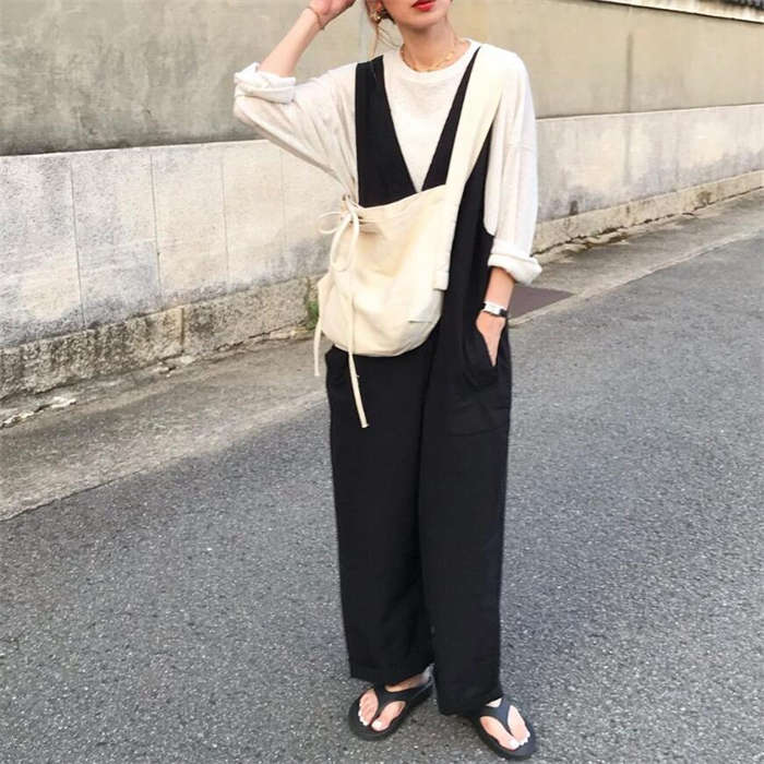 alloneallのVネック 夏 春 パンツ レディース ロング丈 ワイドパンツ 着 オールインワン きれいめ パンツ サロペット 深Vネック｜アングル3