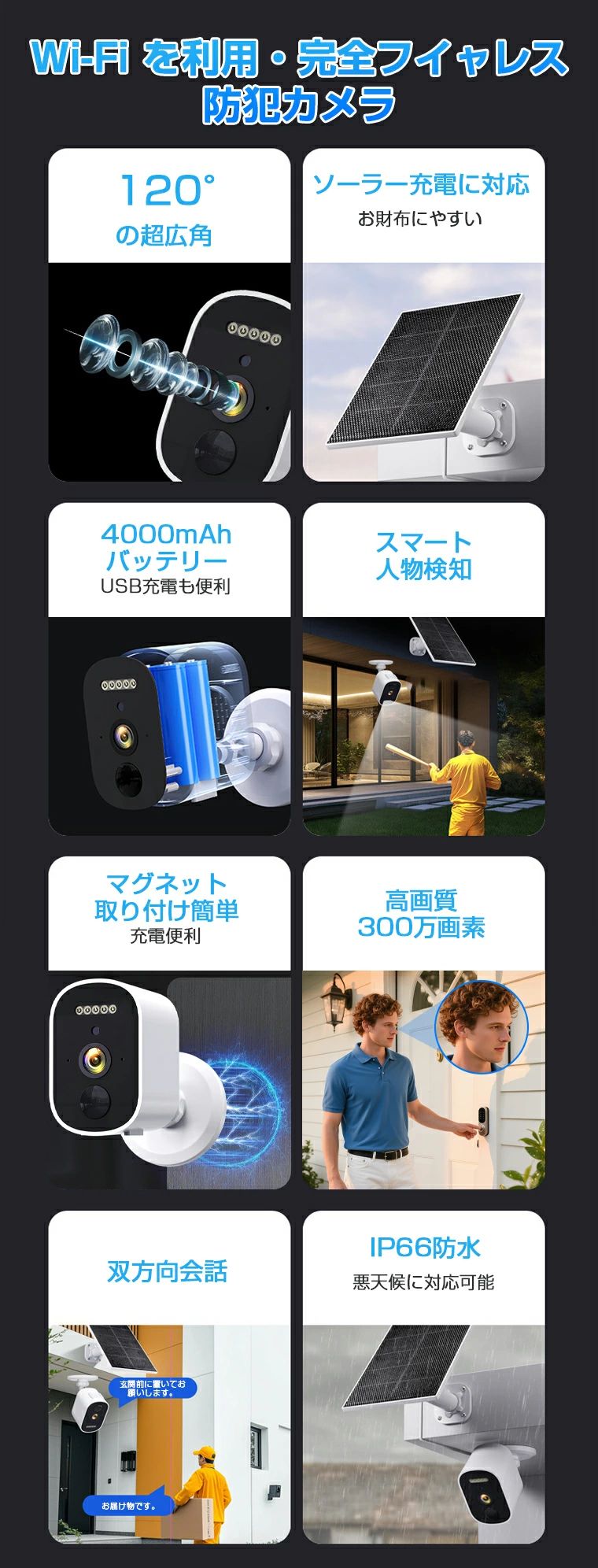 家庭用 IP66防水 ワイヤレス 屋内 常時録画 WIFI 小型軽量 ソーラー充電 300万画素 充電式 ソーラー マグネット 屋外 電源不要 allone123-10050378 alloneall サンプル画像3