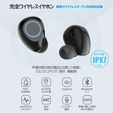 ワイヤレスイヤホン「bluetooth5.1最新版」ワイヤレス　イヤホン カナル型 ヘッドホン bluetooth イヤホン Hi-Fi高音質　マグネット ブルートゥース イヤホン IPX7防水 音量調整 Siri対応 片耳 マイク内蔵 iPhone/Android対応