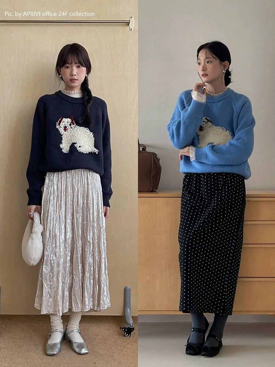 乐天商城 - レディースニット 子犬柄 ニット 長袖 体型カバー セーター 3カラー 韓国風 フェミニンスタイル フリーサイズ