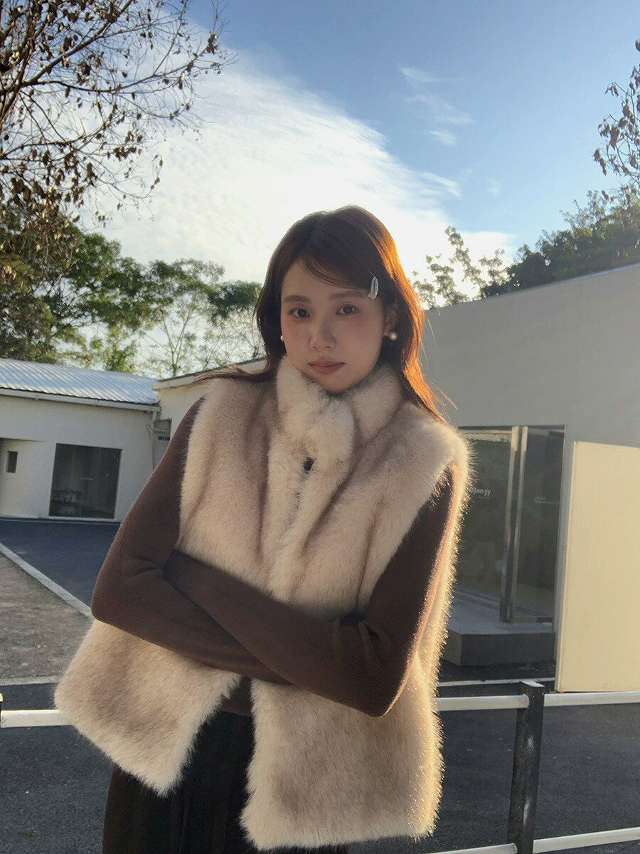 Rakuten - レディースベスト ファーベスト 春ベスト 体型カバー 2カラー 韓国風 フェミニンスタイル フリーサイズ