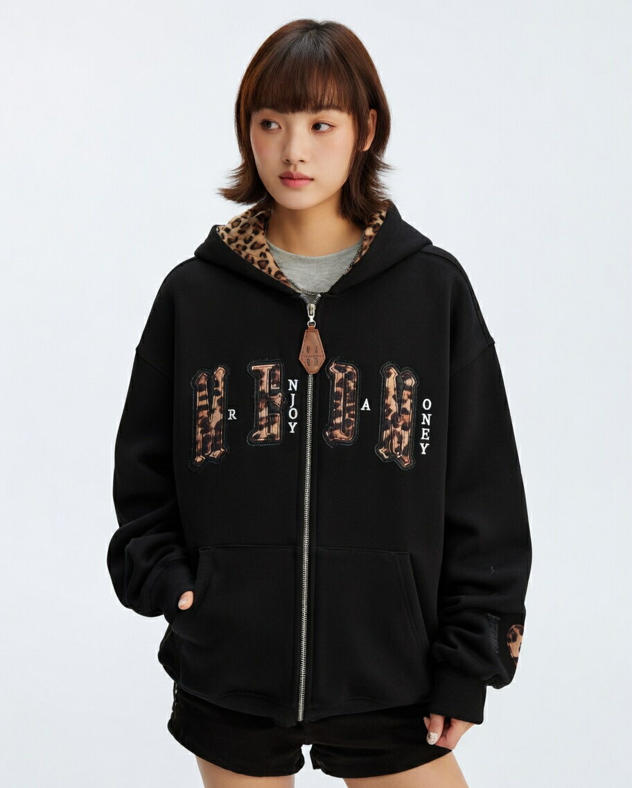 【8L／黒】カットアウト＊豹柄ポイント＊薄手パーカー＊大きいサイズ＊レディース ViViDAY パーカー ヒョウ柄ジップアップパーカー レディース