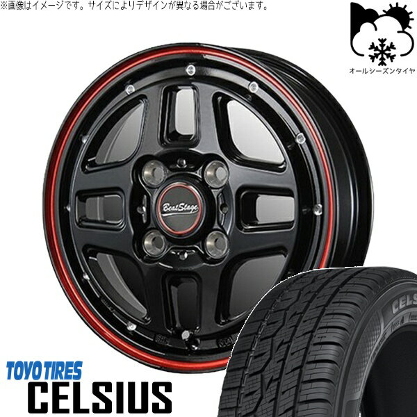 ソリオ MA26 MA36 デリカ 165/70R14 オールシーズンタイヤ ホイール 4本セット 新品 | トーヨータイヤ (TOYO TIRE) セルシアス × ブレスト (BLEST) ビートステージ WT-C ブラックレッドライン 14インチ 4.5J +45 4穴100