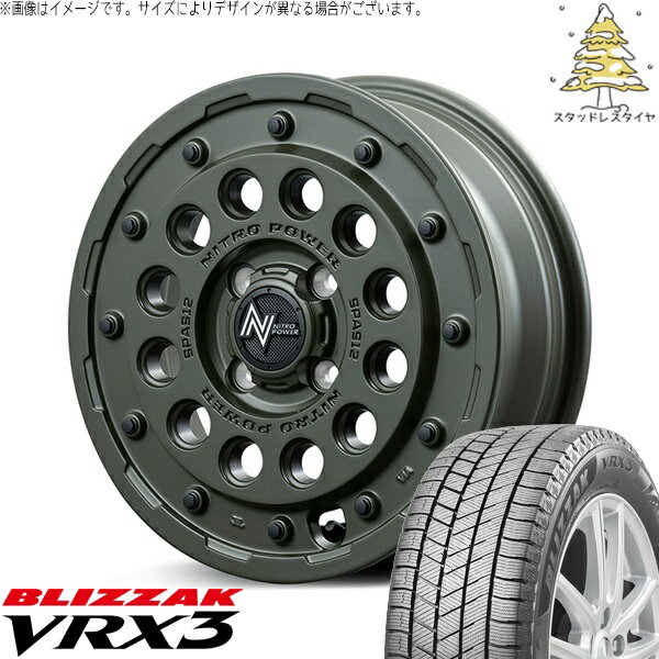 2025年製 NBOX スペーシア タント デリカミニ 155/65R14 スタッドレスタイヤ ホイール 4本セット 新品 | ブリヂストン (BRIDGESTONE) ブリザック VRX3 × エムアイディー (MID) ナイトロパワー H12 ショットガン セミグロスODグリーン 14インチ 4.5J +45 4穴100