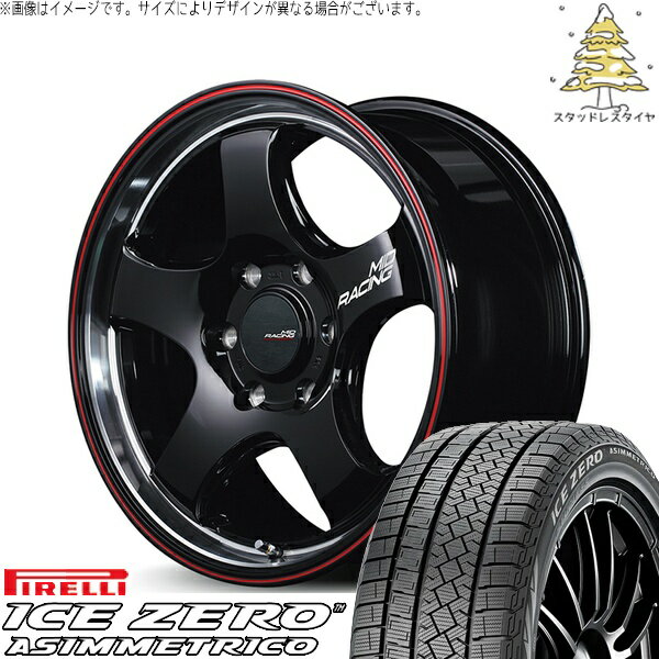 ハイエース専用 215/65R16 スタッドレスタイヤ ホイール 4本セット 新品 | ピレリ (PIRELLI) アイスゼロアシンメトリコ × エムアイディー (MID) MIDレーシング R05-HC ブラックリムヴァーティカルポリッシュ/レッドライン 16インチ 6.5J +38 6穴139.7