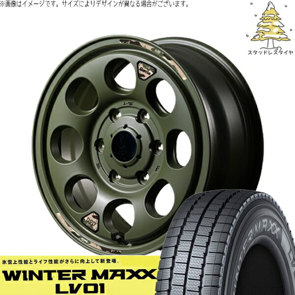 ハイエース専用 215/70R15 スタッドレスタイヤ ホイール 4本セット 新品 | ダンロップ (DUNLOP) ウィンターマックス LV01 × エムアイディー (MID) MIDホイール x DOD ウシャリン セミグロスODグリーン 15インチ 6J +33 6穴139.7