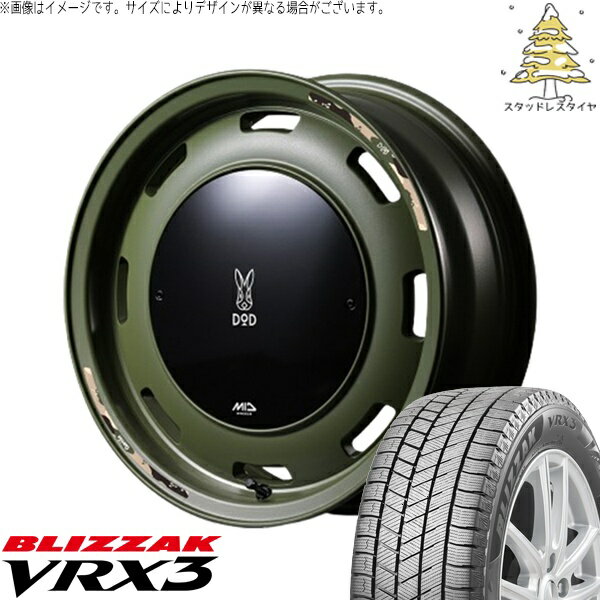 NBOX スペーシア タント デリカミニ 155/65R14 スタッドレスタイヤ ホイール 4本セット 新品 | ブリヂストン (BRIDGESTONE) ブリザック VRX3 × エムアイディー (MID) MIDホイール x DOD ウシャリントバリ セミグロスODグリーン 14インチ 4.5J +45 4穴100