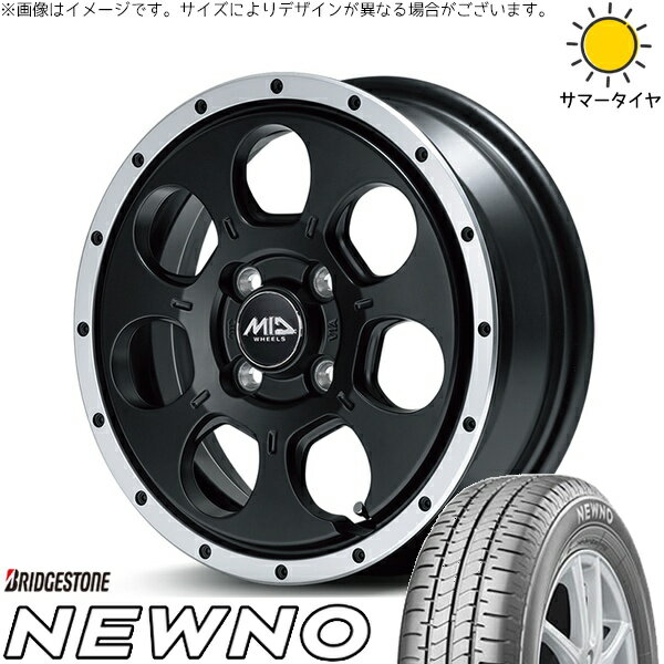 モコ ゼスト パレット ミラ 165/55R14 サマータイヤ ホイール 4本セット 新品 | ブリヂストン (BRIDGESTONE) ニューノ × エムアイディー (MID) MIDホイール ロードマックス WO-7 セミグロスブラックフランジDC 14インチ 4.5J +45 4穴100