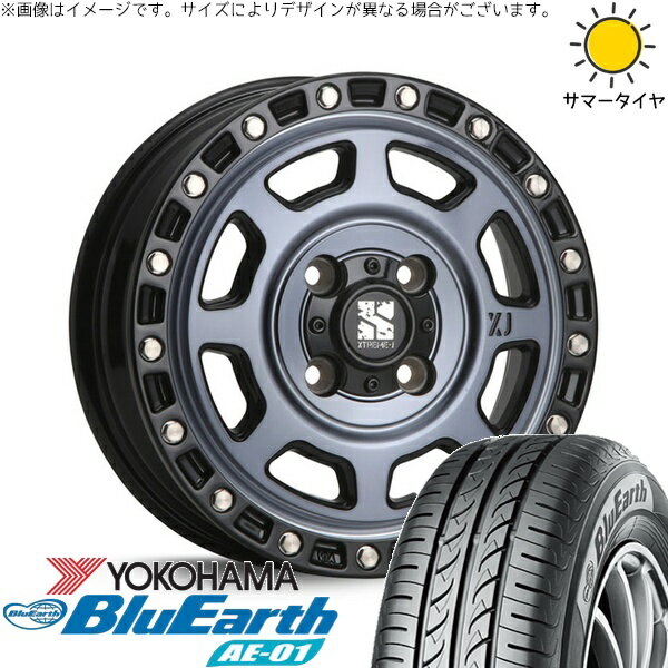 タント ムーブ ワゴンR ラパン 145/80R13 サマータイヤ ホイール 4本セット 新品 | ヨコハマタイヤ (YOKOHAMA) ブルーアース AE01 × エムエルジェイ (MLJ) エクストリームJ XJ07 グロスブラックミルド/インディゴ 13インチ 4.00B +43 4穴100