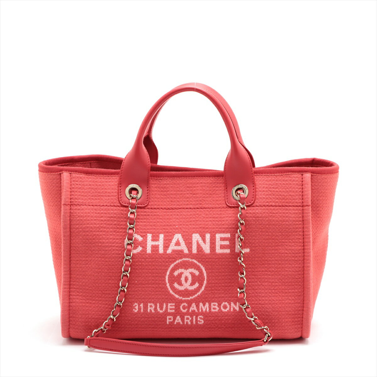 【中古】シャネル ドーヴィルMM キャンバス×レザー 2WAYハンドバッグ レッド ゴールド金具のサムネイル