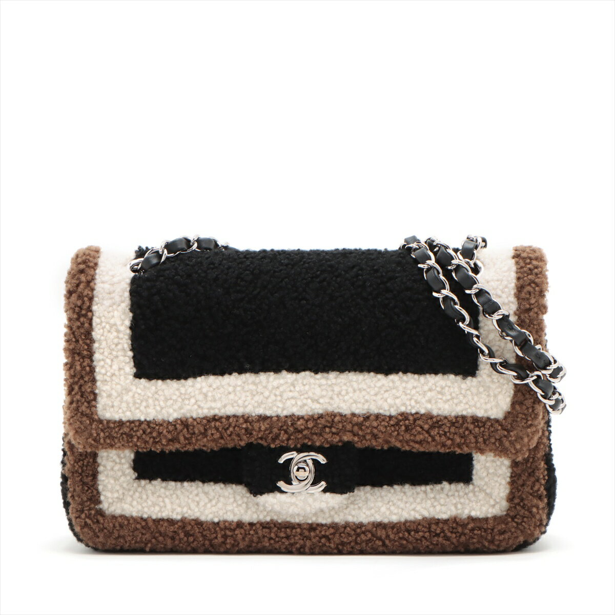 【中古】シャネル ココマーク ファブリック ダブルフラップ ダブルチェーンバッグ ブラック×ベージュ×ブラウン シルバー金具 23番台のサムネイル