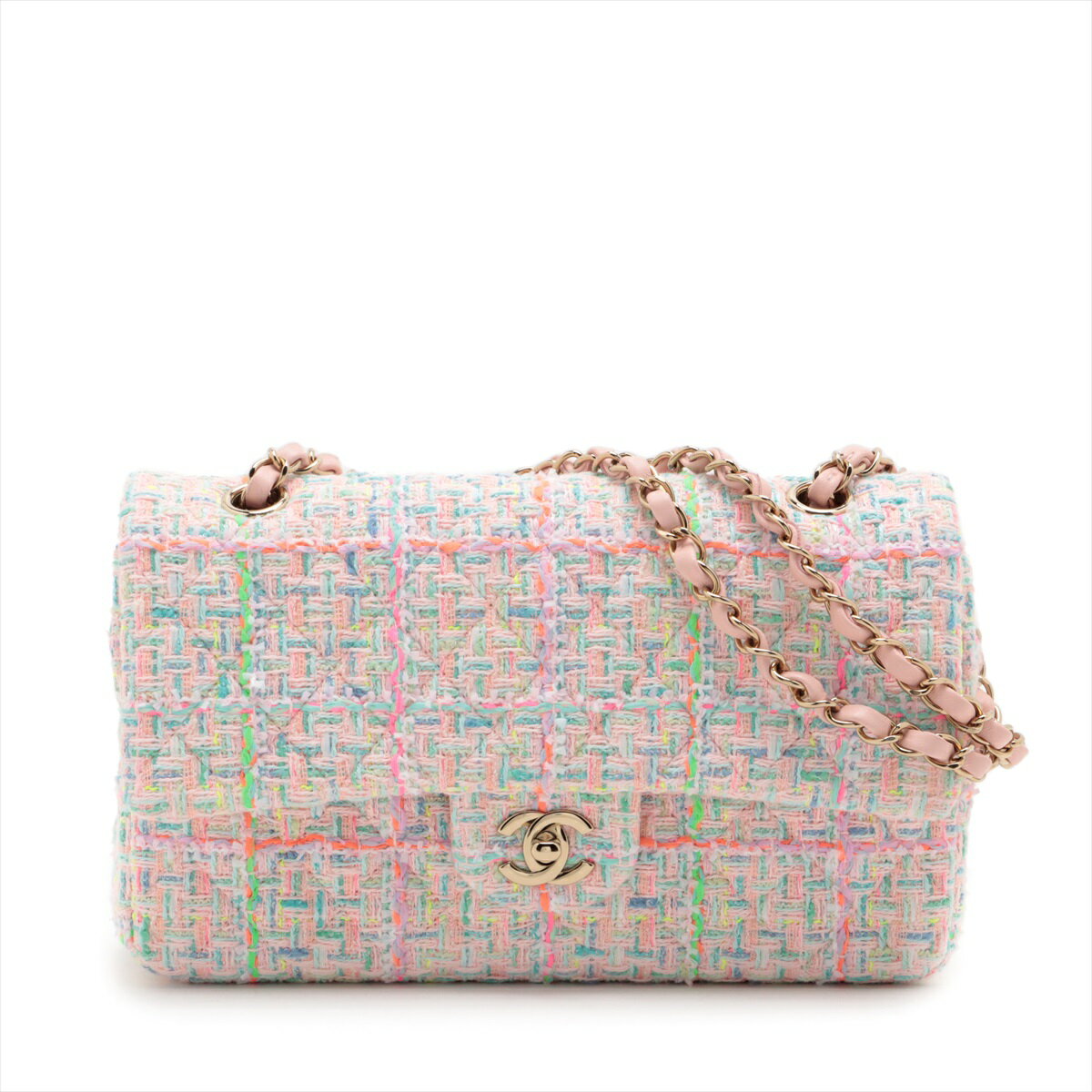 【中古】シャネル マトラッセ ツイード ダブルフラップ ダブルチェーンバッグ 11.12クラシック ピンク ゴールド金具 A01112のサムネイル