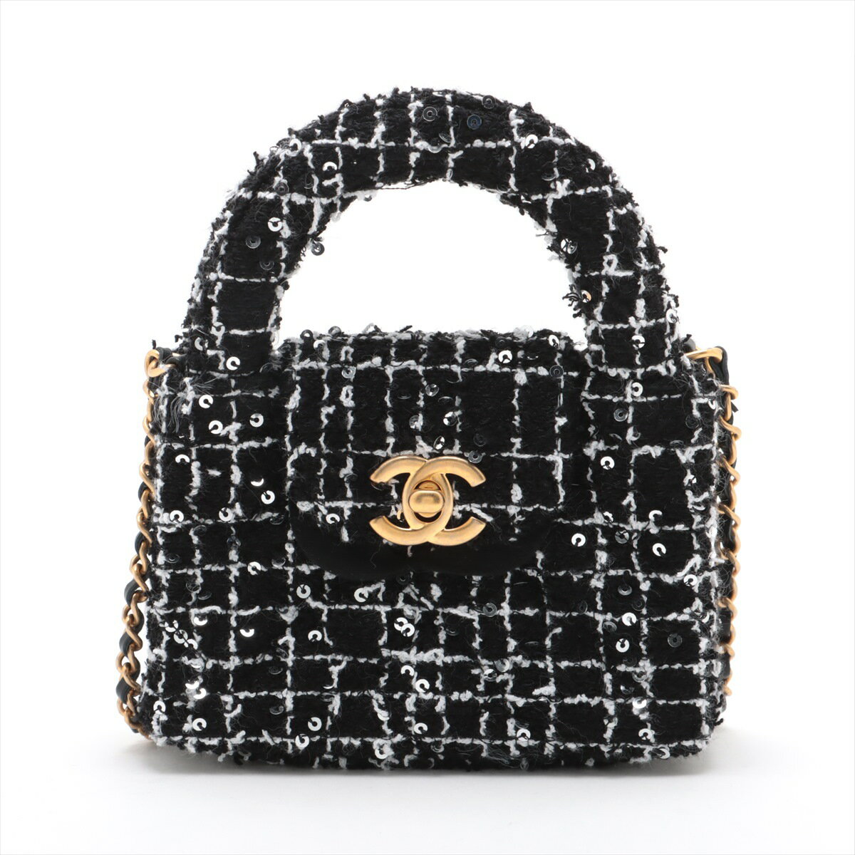 【中古】シャネル マトラッセ ツイード チェーンショルダーバッグ スパンコール ブラック ゴールド金具 AP3435のサムネイル